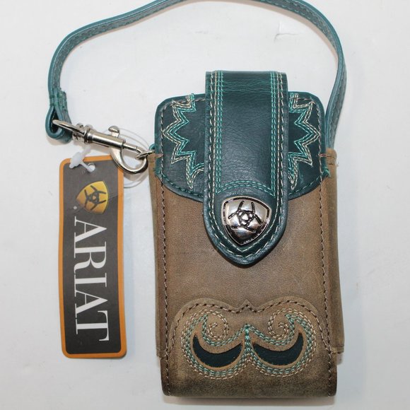 Ariat Other - Ariat Leather Stitched NWT Cell Phone Case Wallet Brown & Green Style #100805
